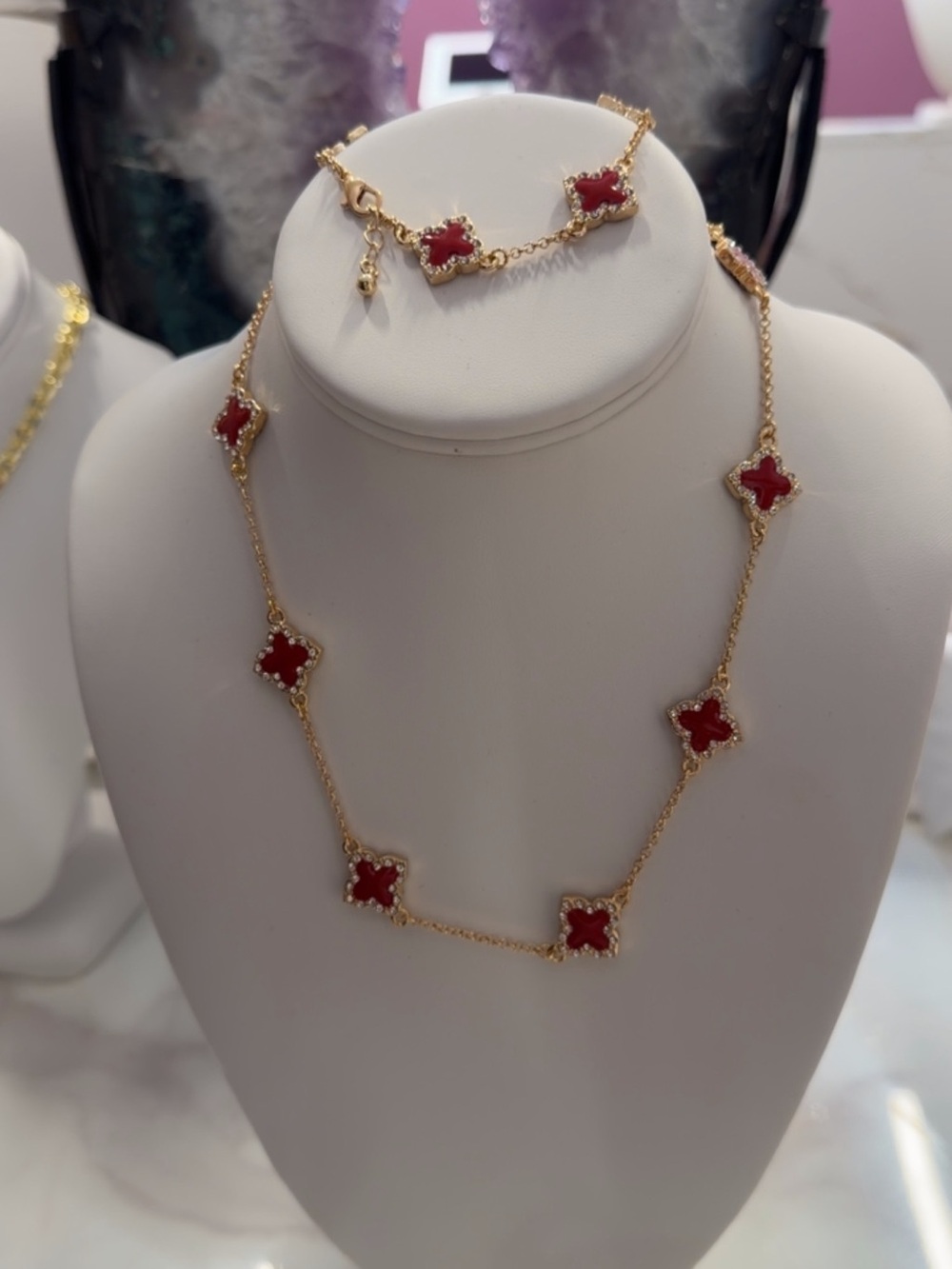 Gold-Plated Necklace and Bracelet Set with Red Clover Motifs
